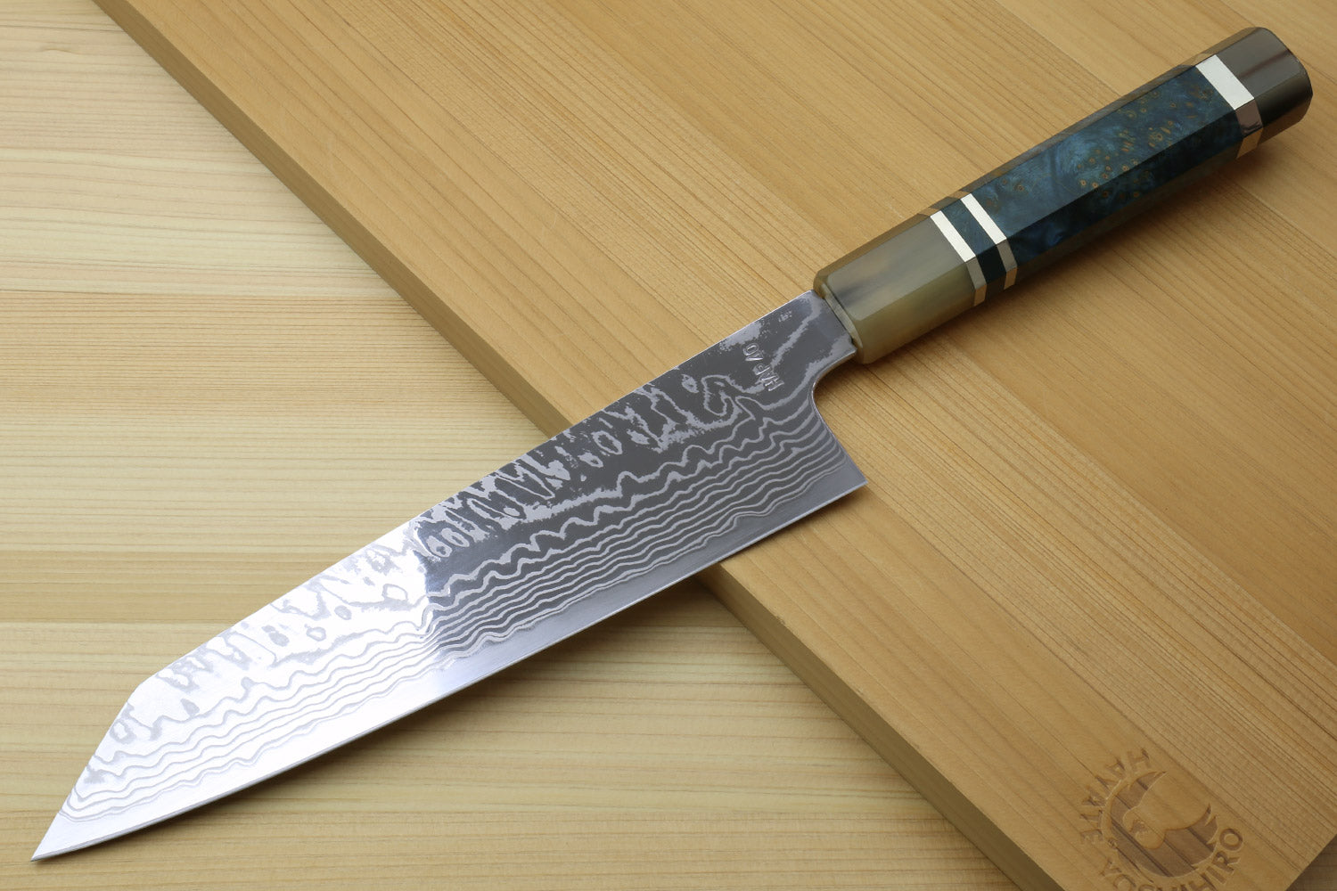 Yoshihiro HAP40 High Speed Stainless Steel Damascus Kiritsuke Multipurpose Chefs Knife with Ocean Blue Handle (Blade Length: 8.25"(210mm) Only)