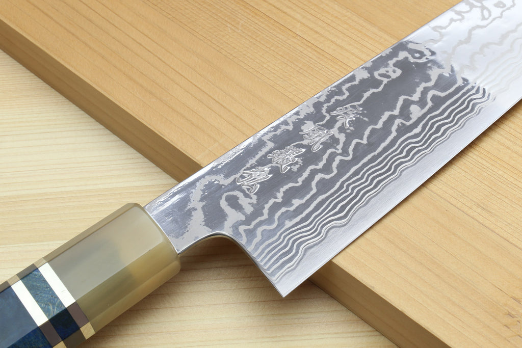 Yoshihiro HAP40 High Speed Stainless Steel Damascus Kiritsuke Multipurpose Chefs Knife with Ocean Blue Handle (Blade Length: 8.25"(210mm) Only)