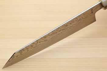 Damascus kiritsuke chefs knife side profile with pointed tip and wooden grip