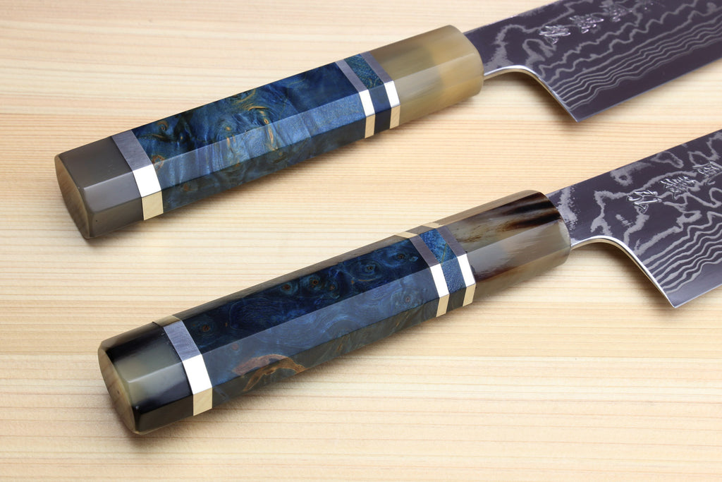 Yoshihiro HAP40 High Speed Stainless Steel Damascus Kiritsuke Multipurpose Chefs Knife with Ocean Blue Handle (Blade Length: 8.25"(210mm) Only)