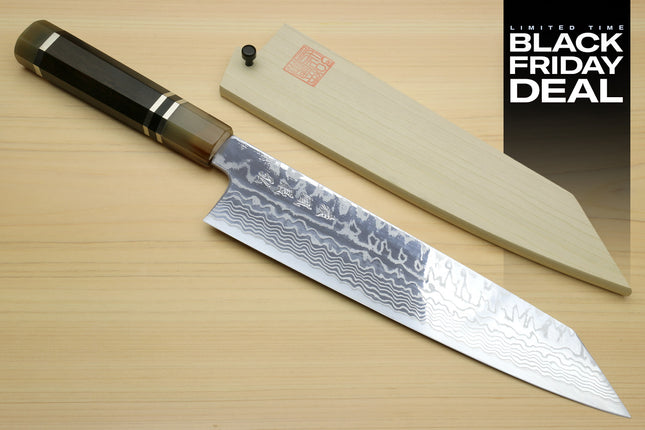(BF Sale) Yoshihiro HAP40 High Speed Stainless Steel Damascus Kiritsuke Multipurpose Chefs Knife, Triple Ring Handle (Blade Length 9.5" (240mm))