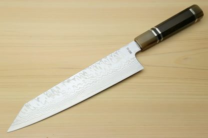 Yoshihiro HAP40 High Speed Stainless Steel Damascus Kiritsuke Multipurpose Chefs Knife, Octagonal Ebony Wood Handle with Triple Ring