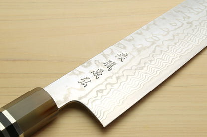 Yoshihiro HAP40 High Speed Stainless Steel Damascus Kiritsuke Multipurpose Chefs Knife, Octagonal Ebony Wood Handle with Triple Ring