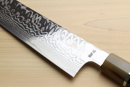 Yoshihiro HAP40 High Speed Stainless Steel Damascus Kiritsuke Multipurpose Chefs Knife, Octagonal Ebony Wood Handle with Triple Ring
