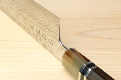 Yoshihiro HAP40 High Speed Stainless Steel Damascus Kiritsuke Multipurpose Chefs Knife, Octagonal Ebony Wood Handle with Triple Ring