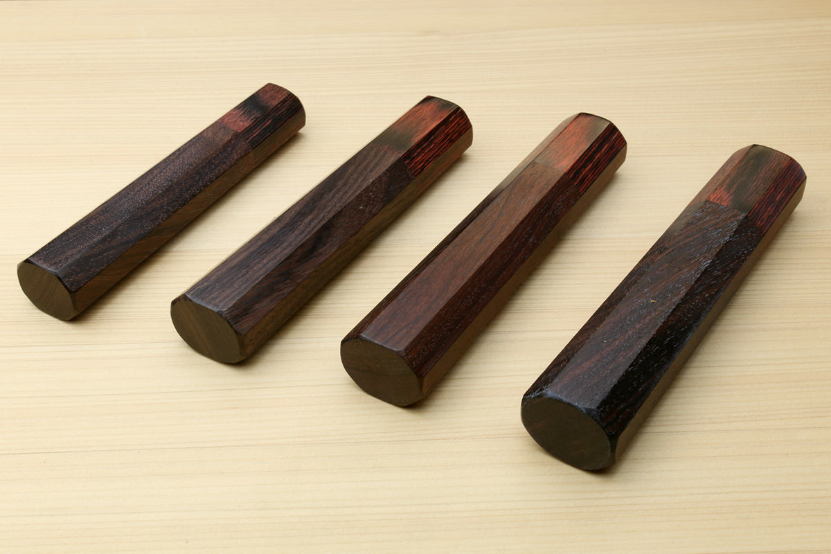 Four rosewood handle pieces with mahogany bolsters and end lanyard holes, for Petty knives