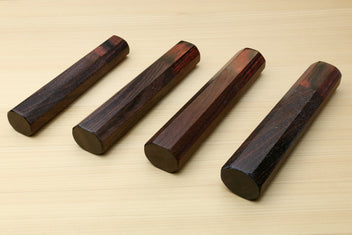 Four rosewood handle pieces with mahogany bolsters and end lanyard holes, for Petty knives