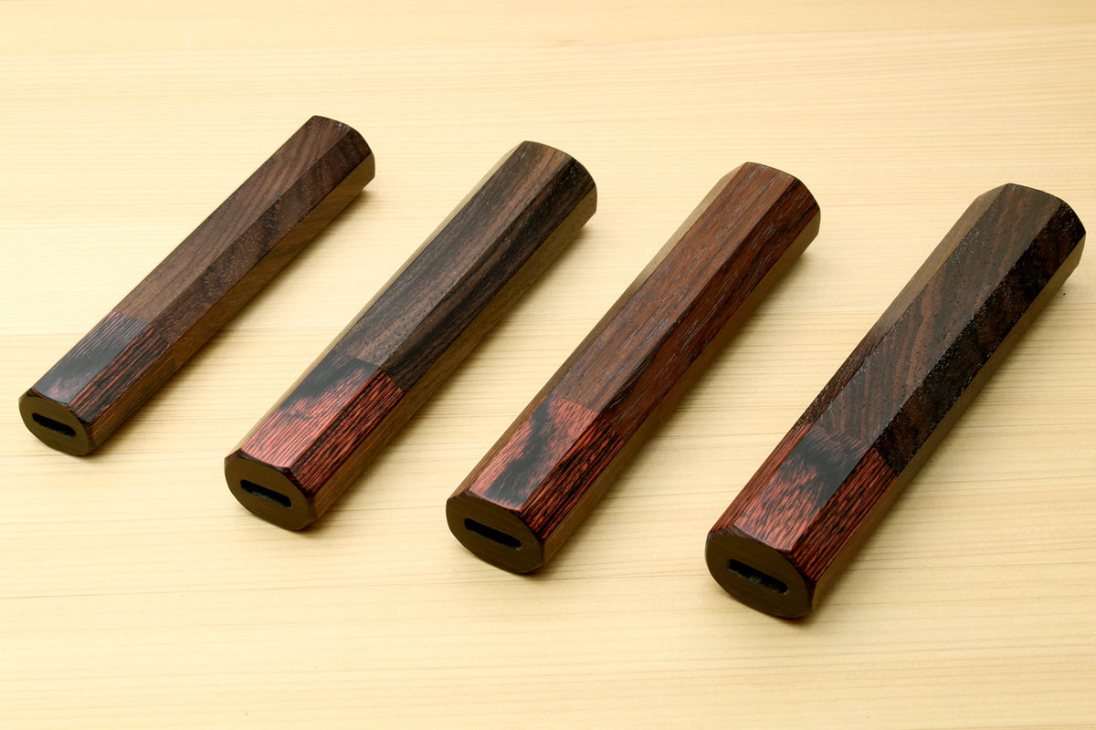 Four rosewood handle blanks with mahogany bolsters, end lanyard holes, for Petty knives