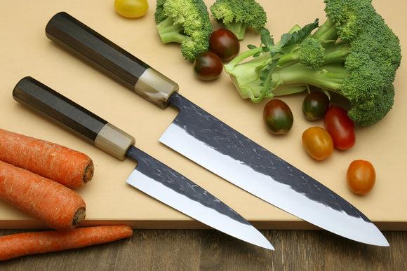 Yoshihiro Kurouchi Stainless Clad Nashiji High Performance SLD Gyuto & Petty 2pc Knife Set with Lacquered Saya