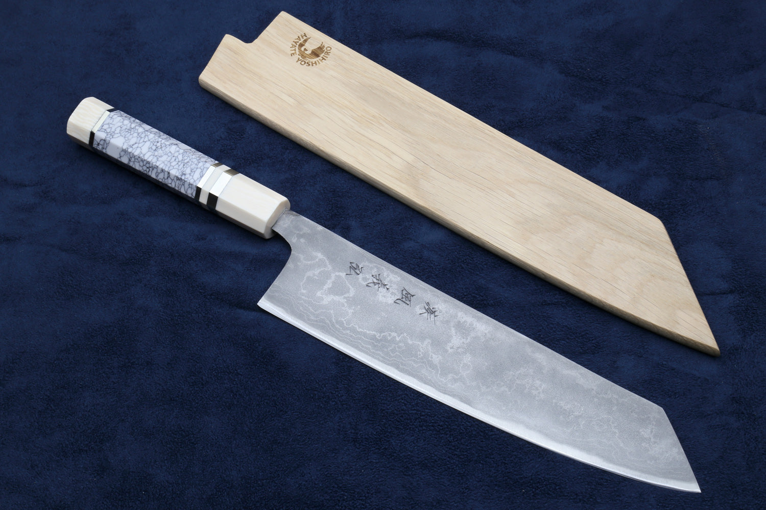Yoshihiro Damascus Blue Steel #1 Kiritsuke Multipurpose Japanese Chef Knife, Howlite White Handle with Alternative Ivory Bolster(Blade Length: 9.5" (240mm))