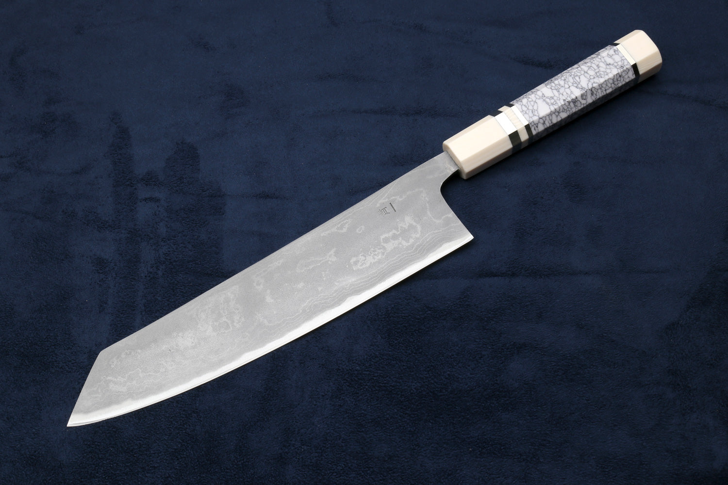 Yoshihiro Damascus Blue Steel #1 Kiritsuke Multipurpose Japanese Chef Knife, Howlite White Handle with Alternative Ivory Bolster(Blade Length: 9.5" (240mm))