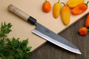 Yoshihiro Kurouchi Black-Forged Blue Steel Stainless Clad Gyuto Chefs Knife Kaede wood Handle
