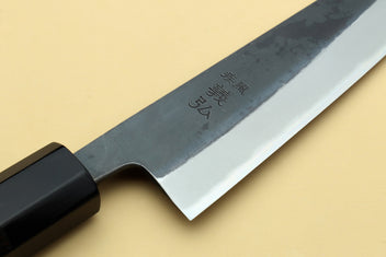 Petty-kiritsuke knife blade with engraved mark and ebony handle, sharp edge