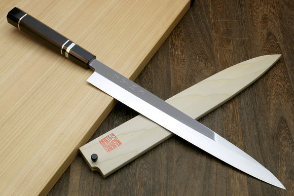 Yoshihiro Powdered High Speed Stainless Steel Mirror Polished Yanagi Sashimi Knife Triple Nickel Silver Ring Ebony Handle Magnolia Saya Cover