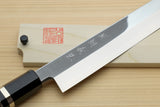 Yoshihiro Powdered High Speed Stainless Steel Mirror Polished Yanagi Sashimi Knife Triple Nickel Silver Ring Ebony Handle Magnolia Saya Cover