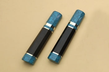 Set of two turquoise blue knife handles with dark wood and white stripe bands, for Yanagi knives