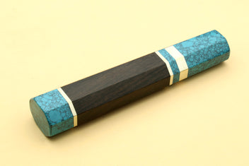 Turquoise blue knife handle with dark wood body and white stripe accents, for Yanagi knives
