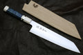 ZDP189 steel knife with a wooden sheath on a dark Leather background