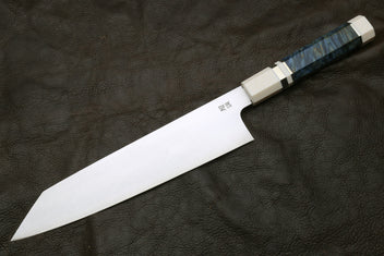 Kiritsuke knife with stainless steel blade and alternative ivory bolster, blue inlay