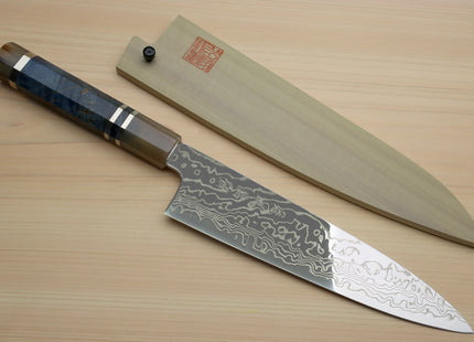 Yoshihiro Hayate ZDP-189 Super High Carbon Stainless Steel Damascus Gyuto Chef Knife Octagonal Ocean Blue Handle (Blade Length 210mm)