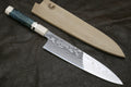 ZDP189 steel damascus knife with a wooden sheath on a dark leather background