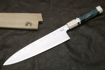 Damascus gyuto chef knife with ivory octagonal handle and teal bolster, full blade
