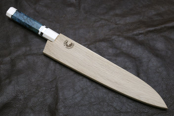 Damascus gyuto chef knife with ivory octagonal handle and teal bolster, blade and spine