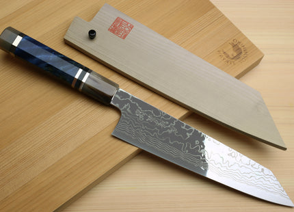 Yoshihiro Hayate ZDP-189 Super High Carbon Stainless Steel Damascus Kiritsuke Chef Knife Octagonal Ocean Blue Handle (Blade Length 210mm)