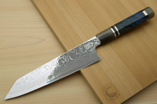 Yoshihiro Hayate ZDP-189 Super High Carbon Stainless Steel Damascus Kiritsuke Chef Knife Octagonal Ocean Blue Handle (Blade Length 210mm)