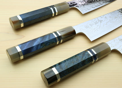 Yoshihiro Hayate ZDP-189 Super High Carbon Stainless Steel Damascus Kiritsuke Chef Knife Octagonal Ocean Blue Handle (Blade Length 210mm)
