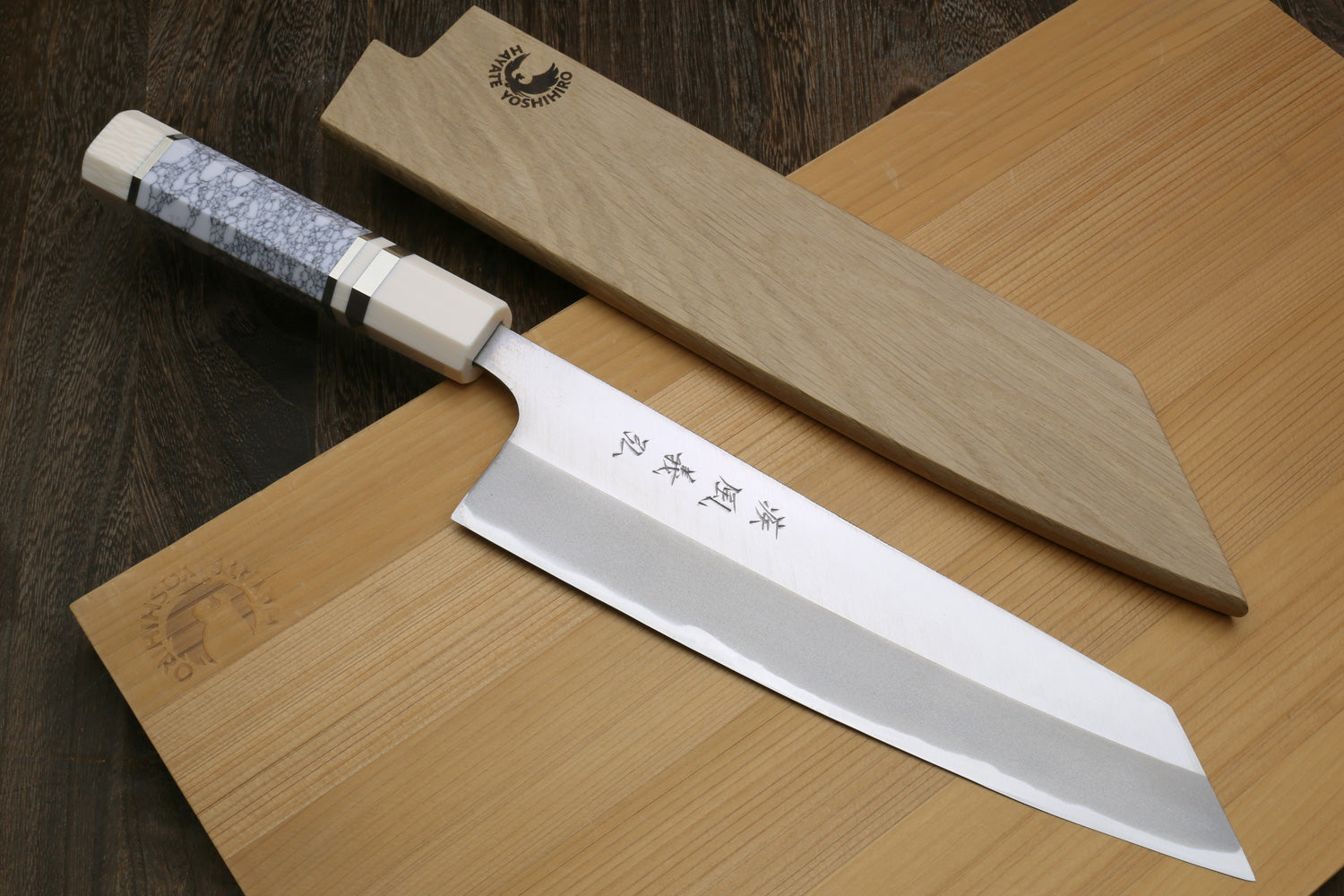 Yoshihiro High Carbon Blue Steel #1 Kiritsuke Multipurpose Japanese Chef Knife, Howlite White Handle with Alternative Ivory Bolster(Blade Length: 8.25" (210mm))