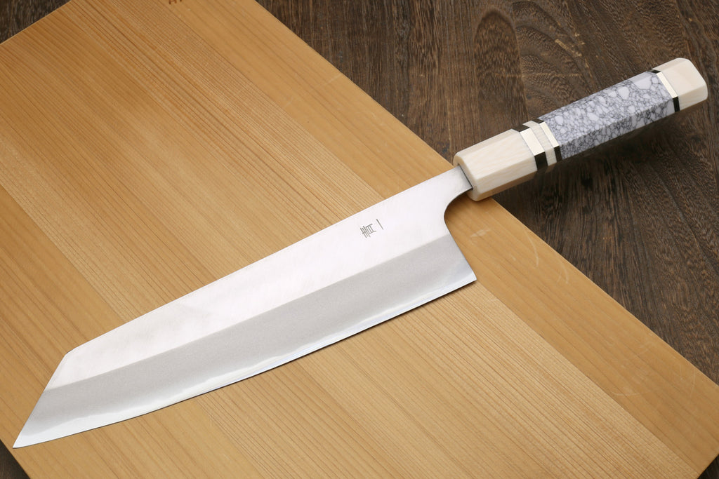 Yoshihiro High Carbon Blue Steel #1 Kiritsuke Multipurpose Japanese Chef Knife, Howlite White Handle with Alternative Ivory Bolster(Blade Length: 8.25" (210mm))