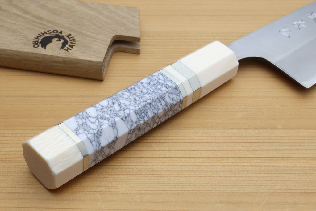 Yoshihiro High Carbon Blue Steel #1 Kiritsuke Multipurpose Japanese Chef Knife, Howlite White Handle with Alternative Ivory Bolster(Blade Length: 8.25" (210mm))