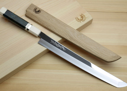 Yoshihiro Ginsan Mirror Polished Stain Resistant Steel Sakimaru Takobiki Sushi Sashimi Slicer with Ocean Blue Handle with Ivory Bolster — Blade Length 11.8" (300mm)