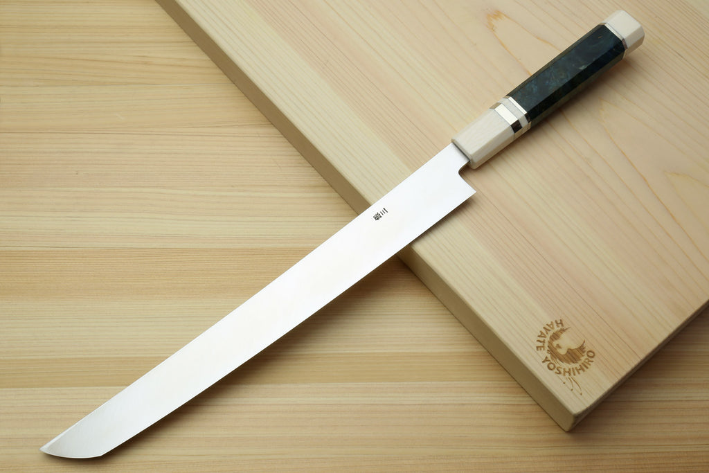 Yoshihiro Ginsan Mirror Polished Stain Resistant Steel Sakimaru Takobiki Sushi Sashimi Slicer with Ocean Blue Handle with Ivory Bolster — Blade Length 11.8" (300mm)