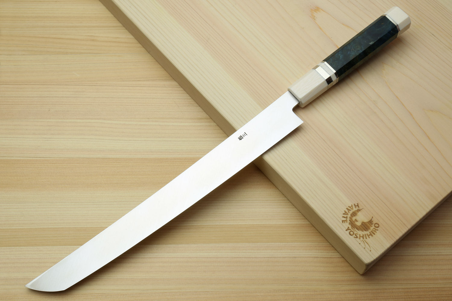 Yoshihiro Ginsan Mirror Polished Stain Resistant Steel Sakimaru Takobiki Sushi Sashimi Slicer with Ocean Blue Handle with Ivory Bolster — Blade Length 11.8" (300mm)