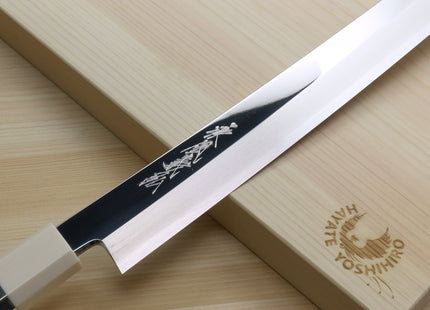 Yoshihiro Ginsan Mirror Polished Stain Resistant Steel Sakimaru Takobiki Sushi Sashimi Slicer with Ocean Blue Handle with Ivory Bolster — Blade Length 11.8" (300mm)