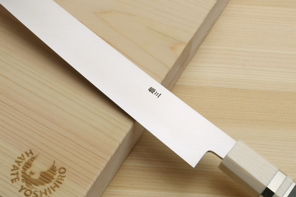 Yoshihiro Ginsan Mirror Polished Stain Resistant Steel Sakimaru Takobiki Sushi Sashimi Slicer with Ocean Blue Handle with Ivory Bolster — Blade Length 11.8" (300mm)