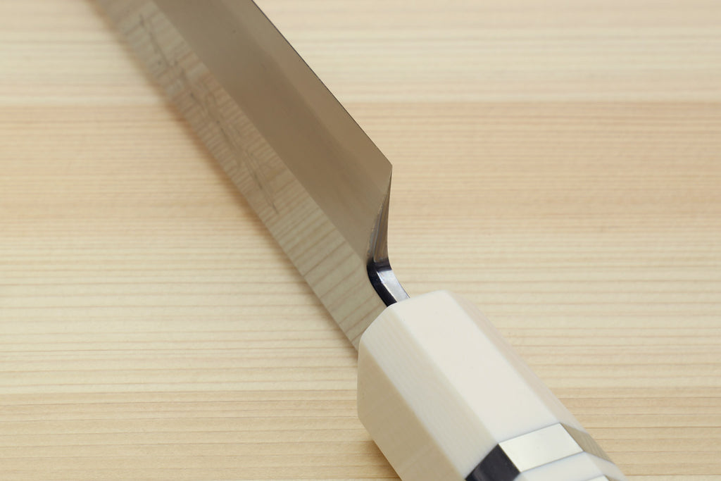 Yoshihiro Ginsan Mirror Polished Stain Resistant Steel Sakimaru Takobiki Sushi Sashimi Slicer with Ocean Blue Handle with Ivory Bolster — Blade Length 11.8" (300mm)