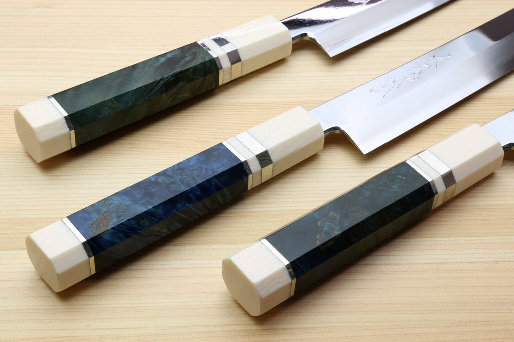 Yoshihiro Ginsan Mirror Polished Stain Resistant Steel Sakimaru Takobiki Sushi Sashimi Slicer with Ocean Blue Handle with Ivory Bolster — Blade Length 11.8" (300mm)