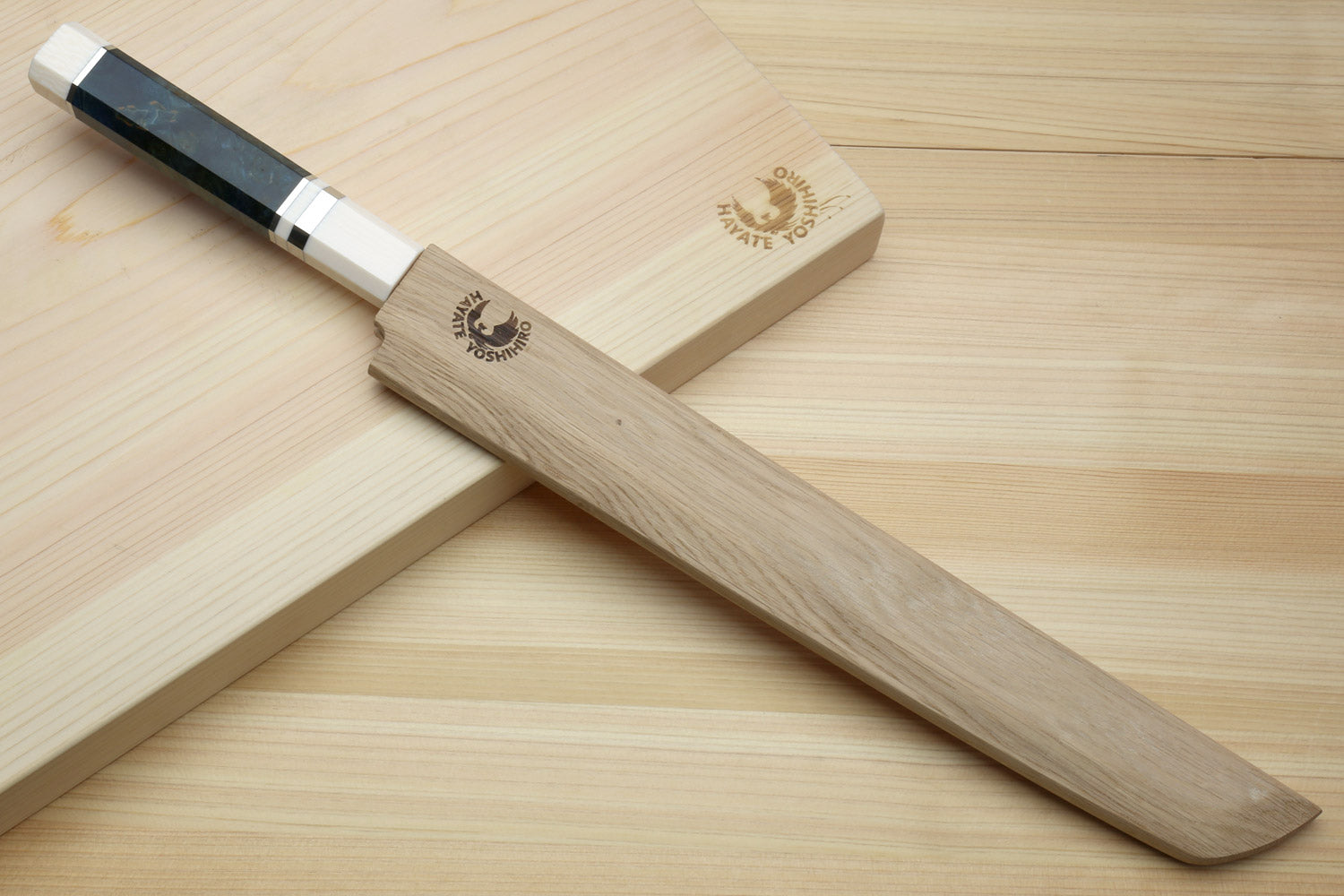 Yoshihiro Ginsan Mirror Polished Stain Resistant Steel Sakimaru Takobiki Sushi Sashimi Slicer with Ocean Blue Handle with Ivory Bolster — Blade Length 11.8" (300mm)