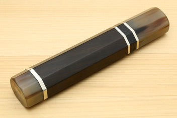 Chef knife handle side view with horn bolster and triple ring stripes in dark ebony, for Kiritsuke knives
