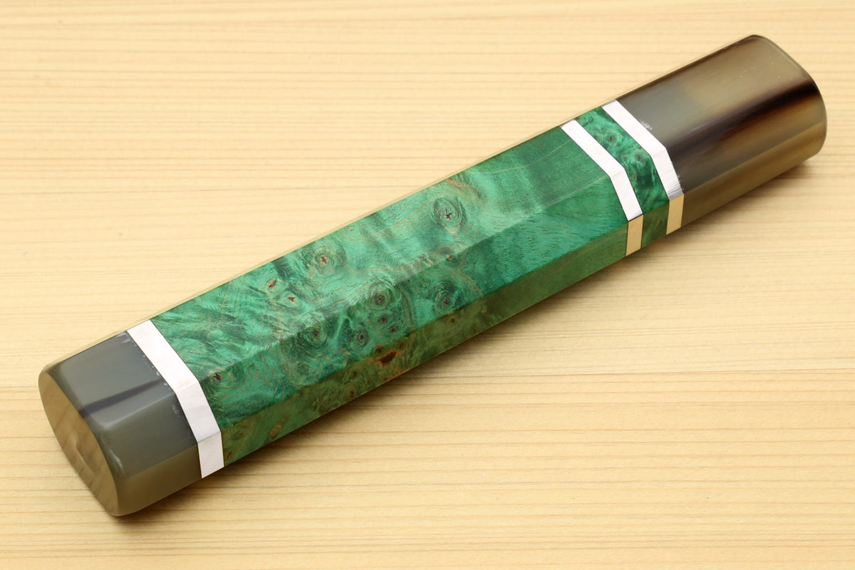 Green stabilized maple burl knife handle with horn bolster and white stripe wrap, for Gyuto knives