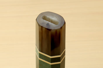 Knife handle with green burl body, dark horn bolster, and white striped band, for Gyuto knives