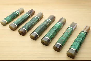 Stabilized maple burl knife handle, green with horn bolster and white striped wrap, for Gyuto knives