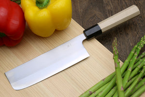 Yoshihiro White Steel #1 Stainless Clad Nakiri Vegetable Knife with Magnolia Wood Handle