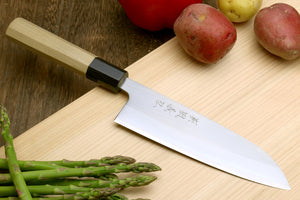 Yoshihiro White Steel #1 Stainless Clad Santoku Multipurpose Knife with Magnolia Wood Handle