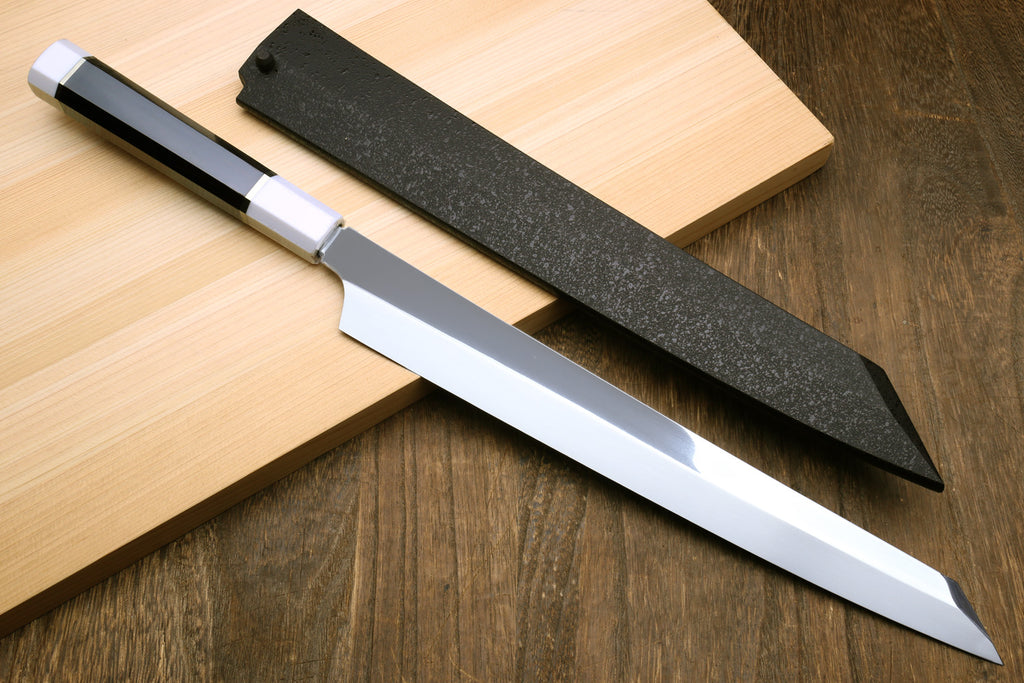 Yoshihiro VG-10 Honyaki Yanagi Kiritsuke Japanese Sushi Sashimi Knife with Double Nickel Silver Ring Corian Ebony Handle