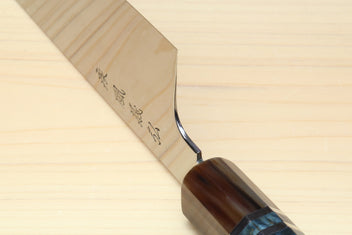 Gyuto chef knife blade base with dark wooden handle
