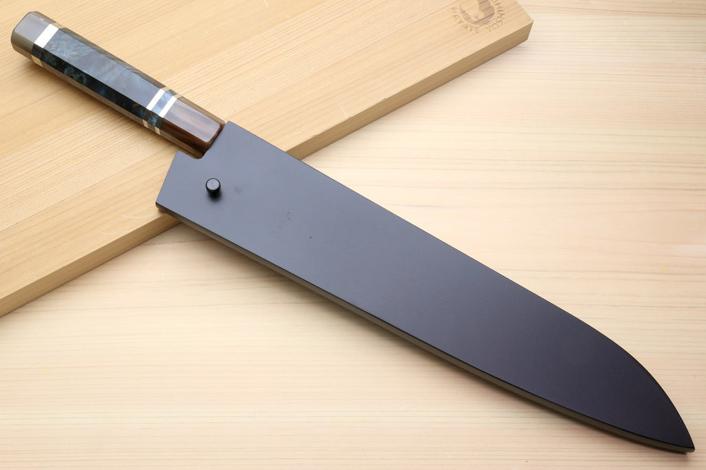 Yoshihiro Mizu Honyaki Shiroko White Steel #1 Mirror Polished Namiukashi Gyuto Japanese Chef Knife with Triple Ring Ocean Blue Handle (Blade Length 10.5" (270mm))